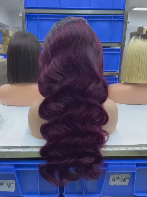 HK hair T1B / 99J ombre body wave 13x4 HD lace frontal wig